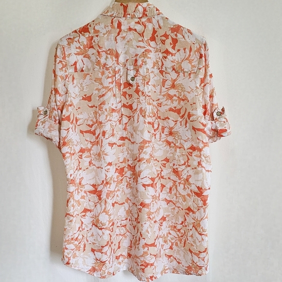 Charter Club 100% Linen Orange & White Floral Button Down Blouse - Picture 13 of 16